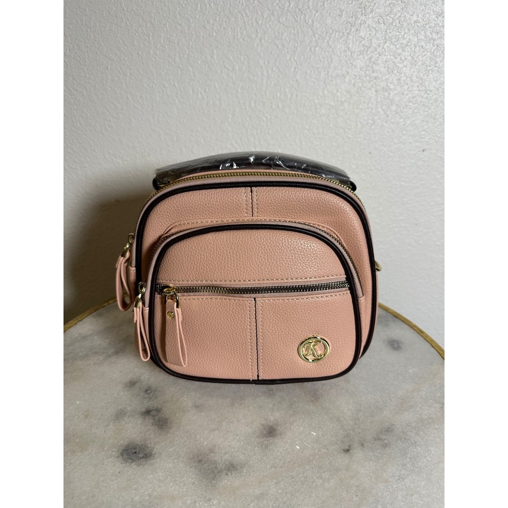 Pink Pebbled‎ Vegan Leather Multi-Zip Crossbody Bag with Wide Woven Strap